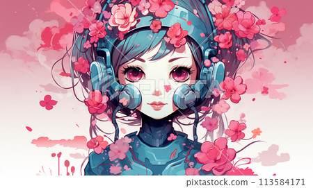 Beautiful girl listening to music with headphones and flowers. Vector illustration. Generate AI 113584171