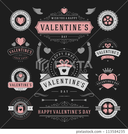 Valentine's Day Labels and Cards Set, Heart Icons Symbols, Greetings Cards, Silhouettes 113584235