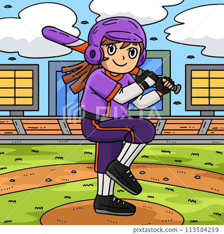 Girl Bracing Baseball Bat Colored Cartoon Girl Bracing Baseball Bat Colored Cartoon 113584259