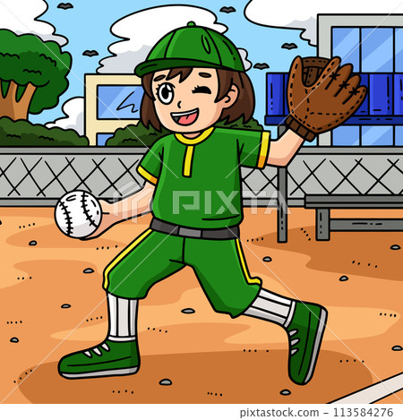 Baseball Girl Pitcher Colored Cartoon Illustration 113584276