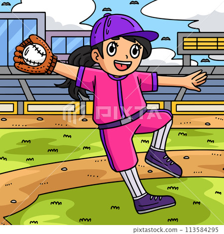 Girl Catching Baseball Colored Cartoon 113584295