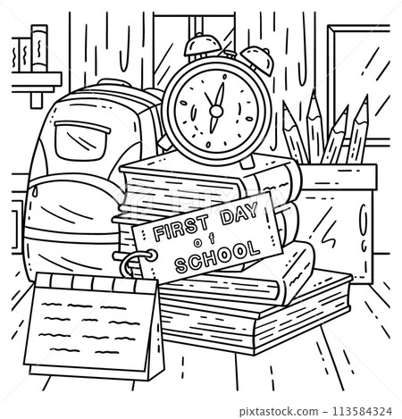 First Day of School Book Alarm Clock Coloring Page 113584324