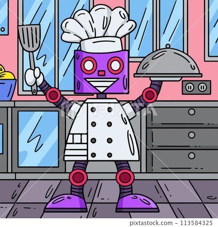 Robot Chef Colored Cartoon Illustration 113584325