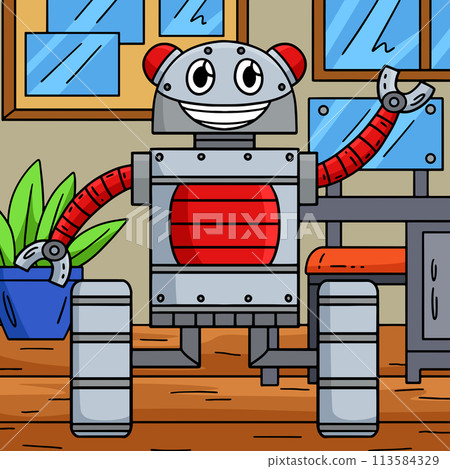 Robot with Wheels Colored Cartoon Illustration Robot with Wheels Colored Cartoon Illustration 113584329