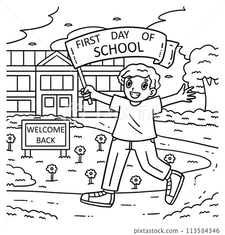 First Day of School Child with a Banner Coloring First Day of School Child with a Banner Coloring 113584346
