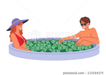 Wealthy couple swims in pool filled with money, enjoying luxury of high investment returns 113584375