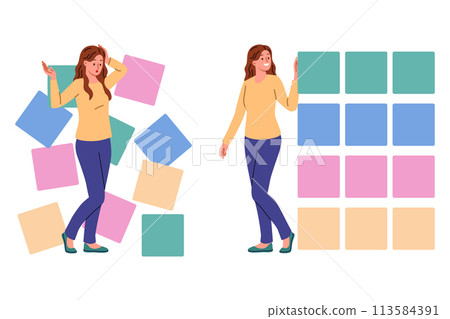 Woman engaged in computer science and business analytics structures chaotically scattered blocks 113584391