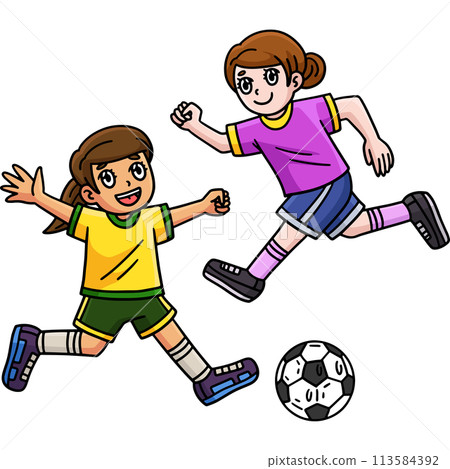 Girls Playing Soccer Cartoon Colored Clipart  113584392