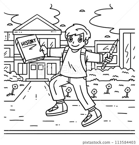 First Day of School Child Book Pencil Coloring 113584403