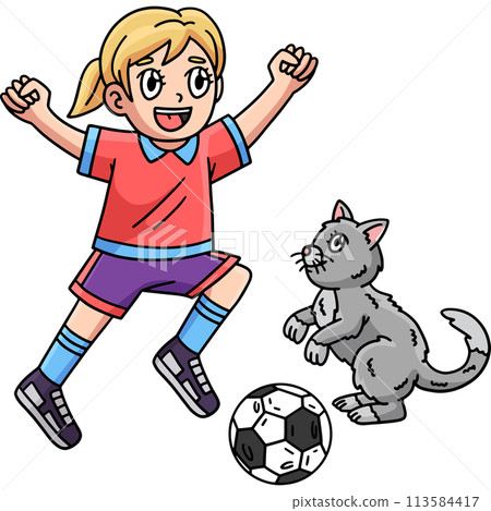 Girl and Cat Playing Soccer Cartoon Clipart 113584417