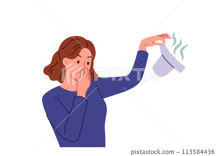 Woman with smelly baby diaper in hand covers nose, feeling disgusting smell caring for child Woman with smelly baby diaper in hand covers nose, feeling disgusting smell caring for child 113584436