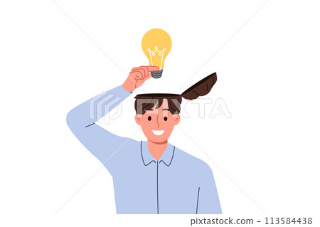 Man learns about innovative idea puts light bulb inside head to improve own creative thinking Man learns about innovative idea puts light bulb inside head to improve own creative thinking 113584438