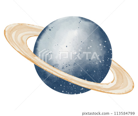 Planet with ring in a Space watercolor illustration. Drawing of Saturn in pastel colors for Baby shower greeting cards or childish birthday invitations. Sketch of galaxy on isolated background. 113584799
