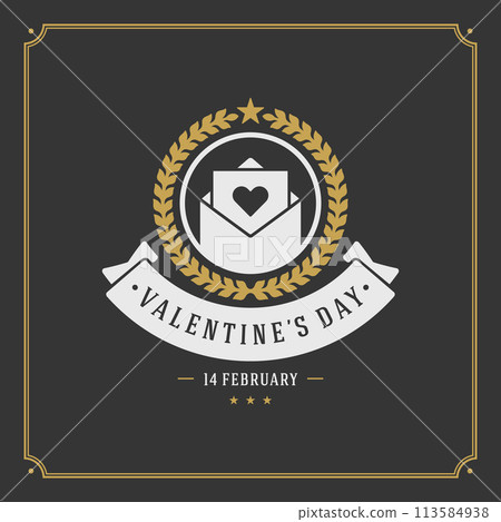 Valentines Day greeting Card or Poster and Heart vector illustration. Retro typographic design golden style on black background 113584938