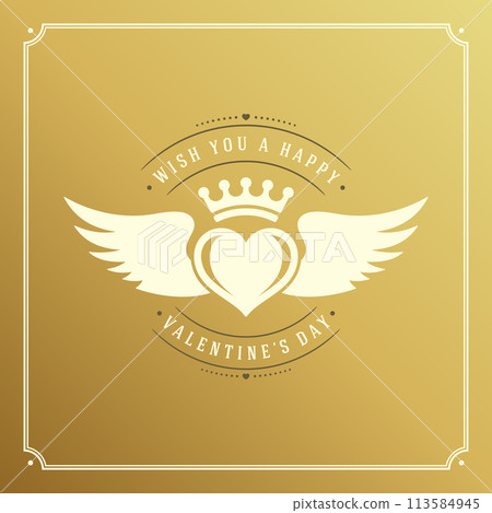 Valentines Day greeting card or poster vector illustration. Retro typographic design and heart shape on golden style background 113584945