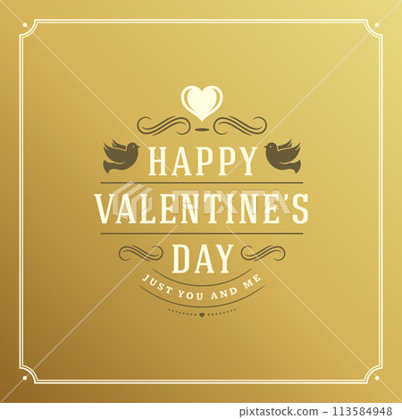 Valentines Day greeting card or poster vector illustration. Retro typographic design and heart shape on golden style background 113584948