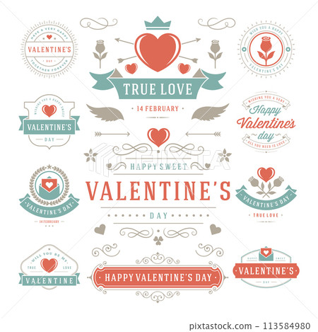 Valentines Day Labels and Cards Set, Heart Icons Symbols, Greetings Cards, Silhouettes Valentines Day Labels and Cards Set, Heart Icons Symbols, Greetings Cards, Silhouettes 113584980