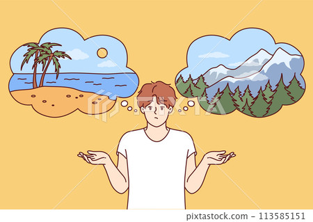 Man traveler chooses place for summer vacation between beach and mountains, spreads arms 113585151