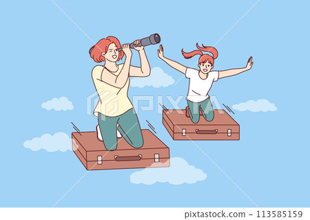 Travel of two women fantasizing about going on vacation by plane, flying on old suitcases in sky 113585159