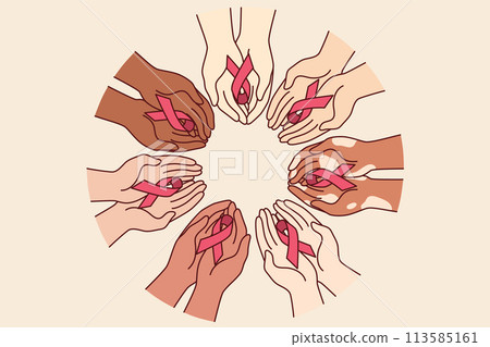 Red ribbons symbolizing fight against AIDS and HIV infection, in hands of various people 113585161