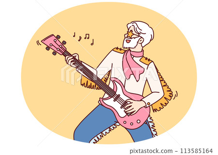 Elderly man playing music on guitar performing solo concert in front of audience at rock party 113585164