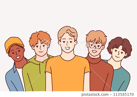 Group of high school guys smile and look at screen, for concept of multi-ethnic society Group of high school guys smile and look at screen, for concept of multi-ethnic society 113585170