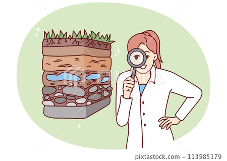 Girl ecologist with magnifying glass conducts examination of soil pollution Girl ecologist with magnifying glass conducts examination of soil pollution 113585179