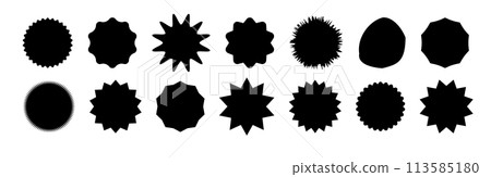 Starburst speech bubbles. Starburst, black price sticker sunburst icons. Black Sunburst. Flat vintage price tag stickers. Vector Starburst speech bubbles. Starburst, black price sticker sunburst icons. Black Sunburst. Flat vintage price tag stickers. Vector 113585180
