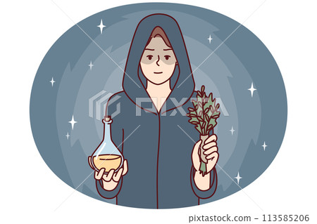Woman sorceress dressed in cloak with hood holds miraculous elixir and sprig of plant Woman sorceress dressed in cloak with hood holds miraculous elixir and sprig of plant 113585206