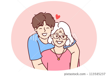 Noble guy teenager hugging elderly grandmother showing love and care for ancestors 113585237