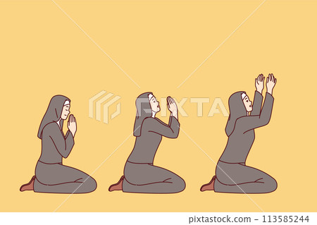Praying catholic woman in christian cassock and headscarf kneels in different positions Praying catholic woman in christian cassock and headscarf kneels in different positions 113585244