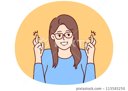 Girl student crosses fingers worried before important exam at college and hoping for good luck 113585250