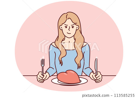 Frowning woman sits at table with giant heart in plate and holds fork with knife. Vector image Frowning woman sits at table with giant heart in plate and holds fork with knife. Vector image 113585255