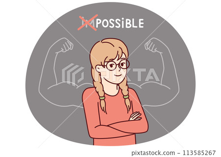 Proud little girl stands with arms crossed near inscription impossible is possible on blackboard Proud little girl stands with arms crossed near inscription impossible is possible on blackboard 113585267