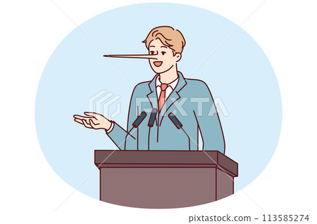 Dishonest man politician with long nose stands behind podium during election campaign 113585274