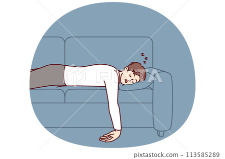 Exhausted man fell asleep lying on comfortable sofa with no energy after hard day at work Exhausted man fell asleep lying on comfortable sofa with no energy after hard day at work 113585289