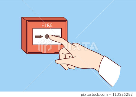 Fire alarm button on wall and hand of person who wants to notify everyone about emergency situation 113585292