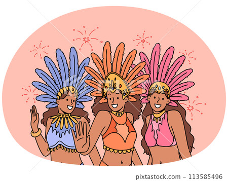 Women in colorful costumes dance on carnival 113585496
