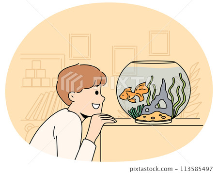 Smiling child look at goldfish in tank 113585497