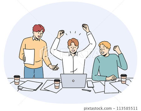 Excited colleagues celebrate work success on laptop 113585511