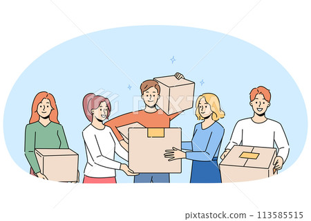 Smiling people with boxes moving together 113585515