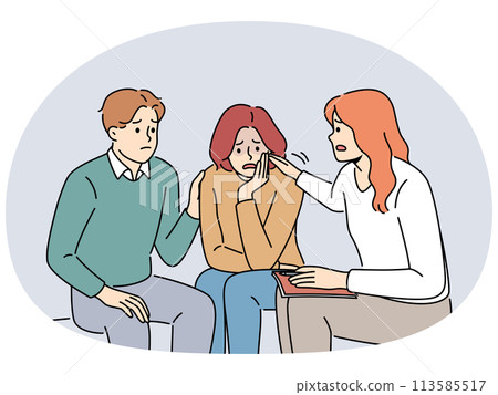 People support unhappy woman at group therapy People support unhappy woman at group therapy 113585517