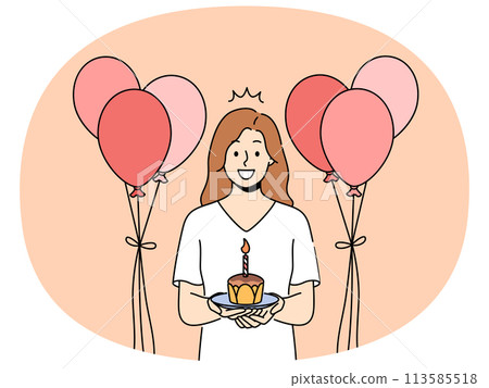 Smiling girl with birthday cake celebrate anniversary Smiling girl with birthday cake celebrate anniversary 113585518