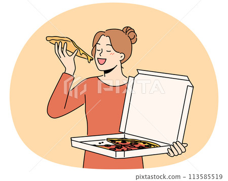 Happy woman eating pizza from box 113585519