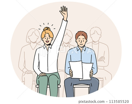 Woman raise hand volunteer at team meeting Woman raise hand volunteer at team meeting 113585520