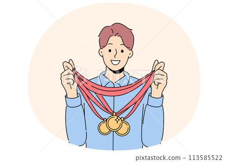Smiling sportsman with golden medals 113585522