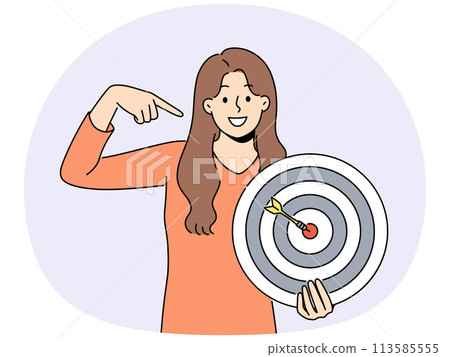 Smiling woman point at shooting target 113585555