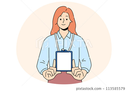 Smiling woman show mockup ID badge 113585579