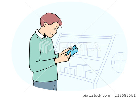 Smiling man buy medication in pharmacy 113585591