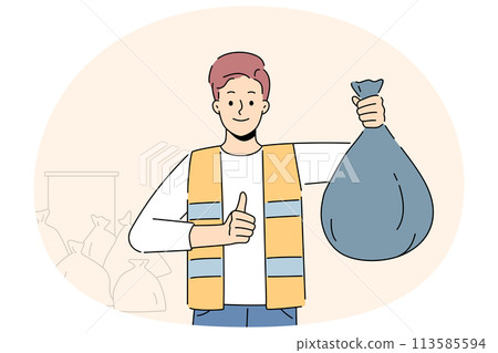 Man collector with plastic bag with waste 113585594